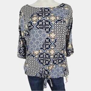 PerSeption Concept Boho Moziac Scoop Neck 3/4 Cutout Sleeve Blouson Size L